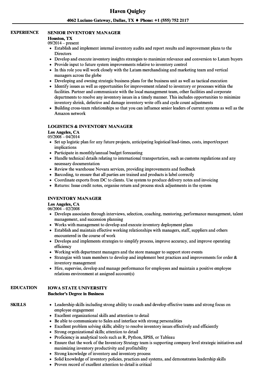 Inventory Manager Resume Samples Velvet Jobs