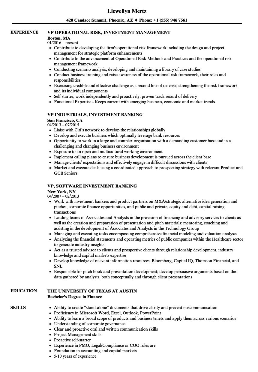 Investment VP Resume Samples | Velvet Jobs