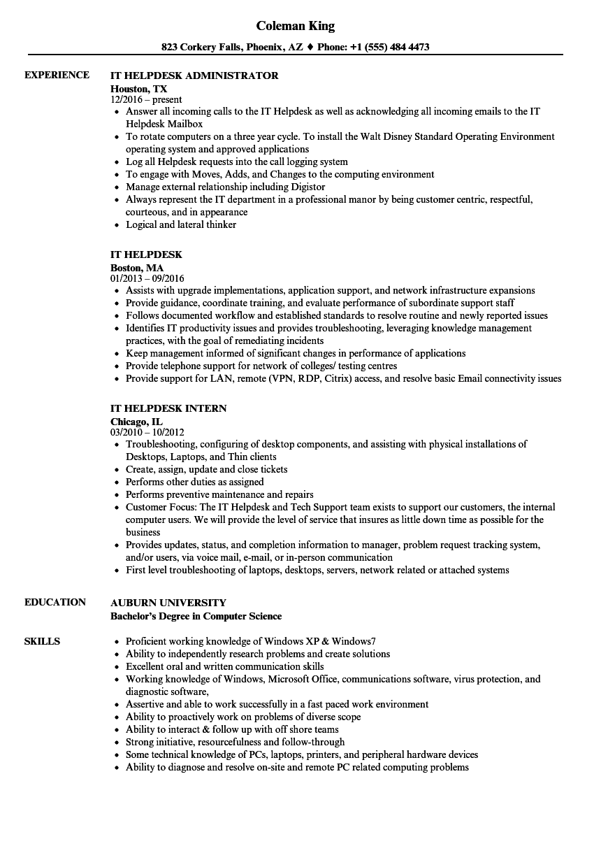 help desk experience resume