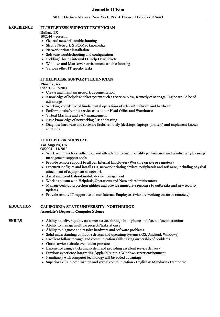 It Helpdesk Support Resume Samples Velvet Jobs