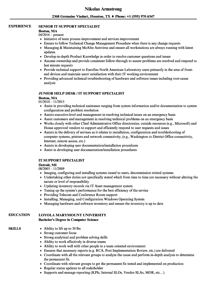 It Support Specialist Resume Monte