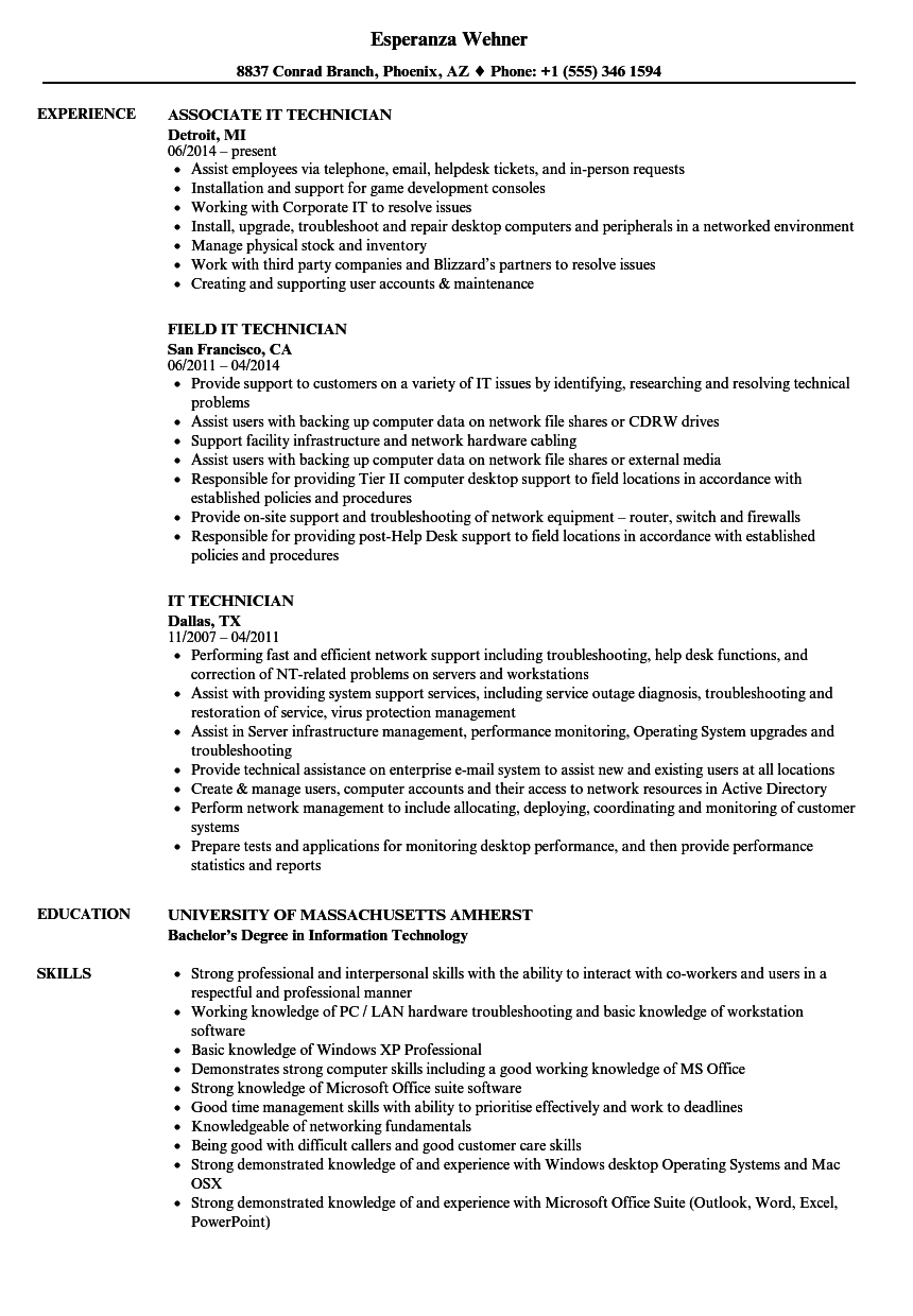 It Technician Resume Samples Velvet Jobs