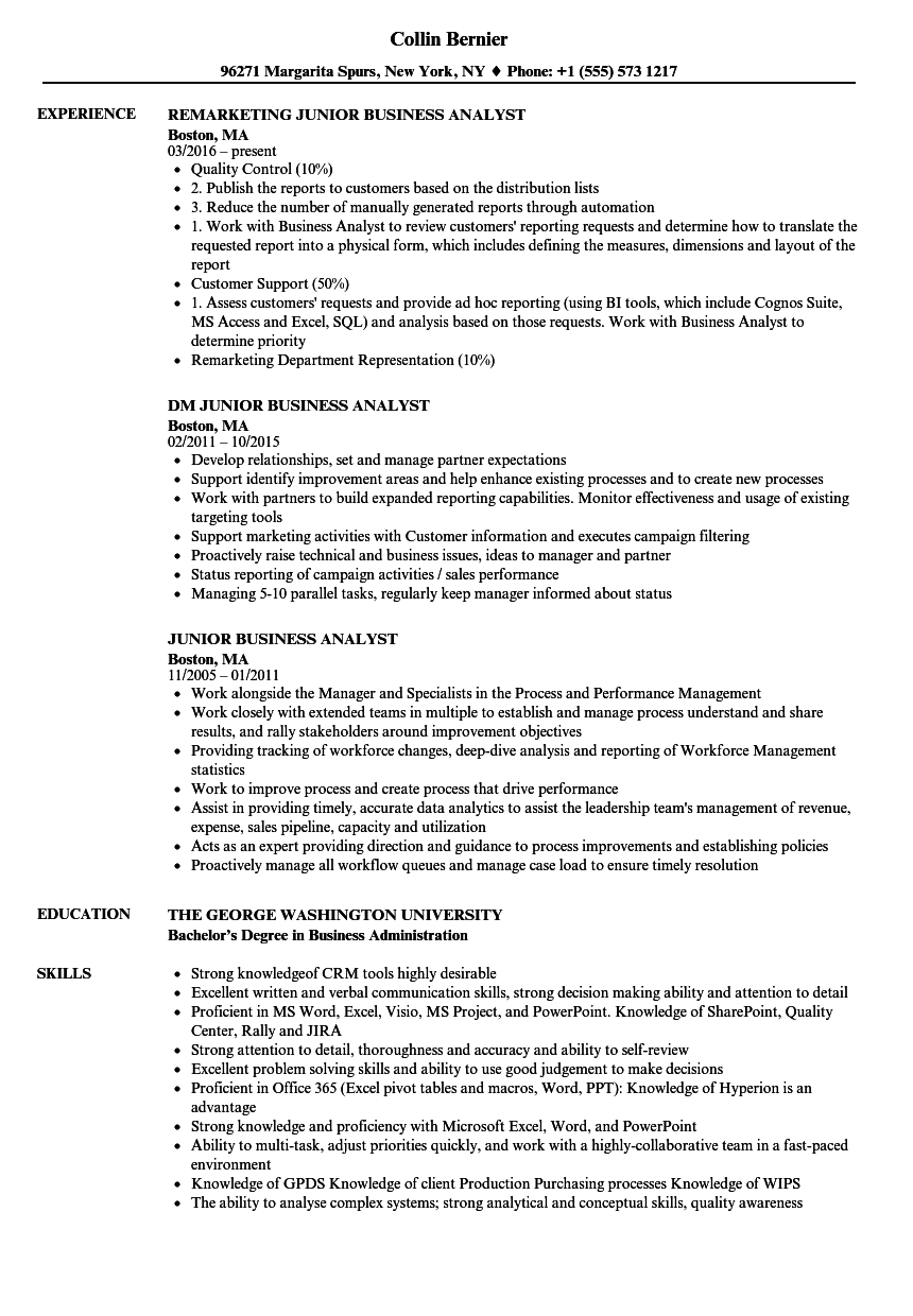 Sample Cv For Junior Business Analyst Entry Level Business Analyst Resume