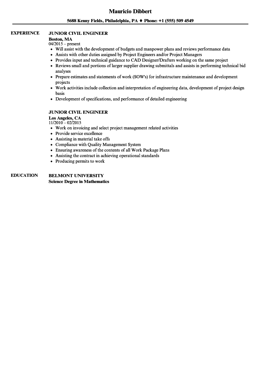 Junior Civil Engineer Resume Samples Velvet Jobs