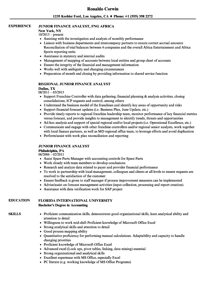 Junior Finance Analyst Resume Samples | Velvet Jobs