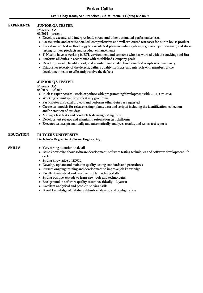 Junior QA Tester Resume Samples