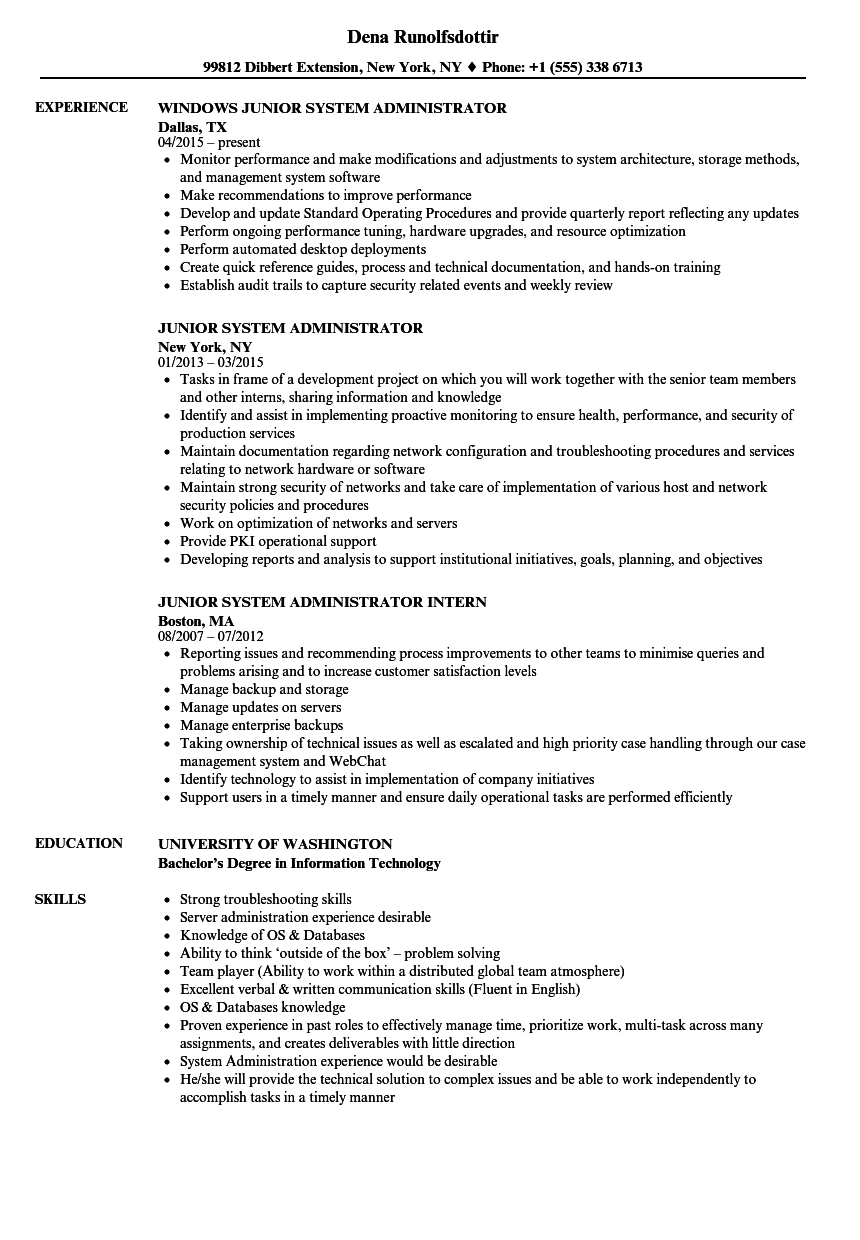 Junior System Administrator Resume Samples Velvet Jobs