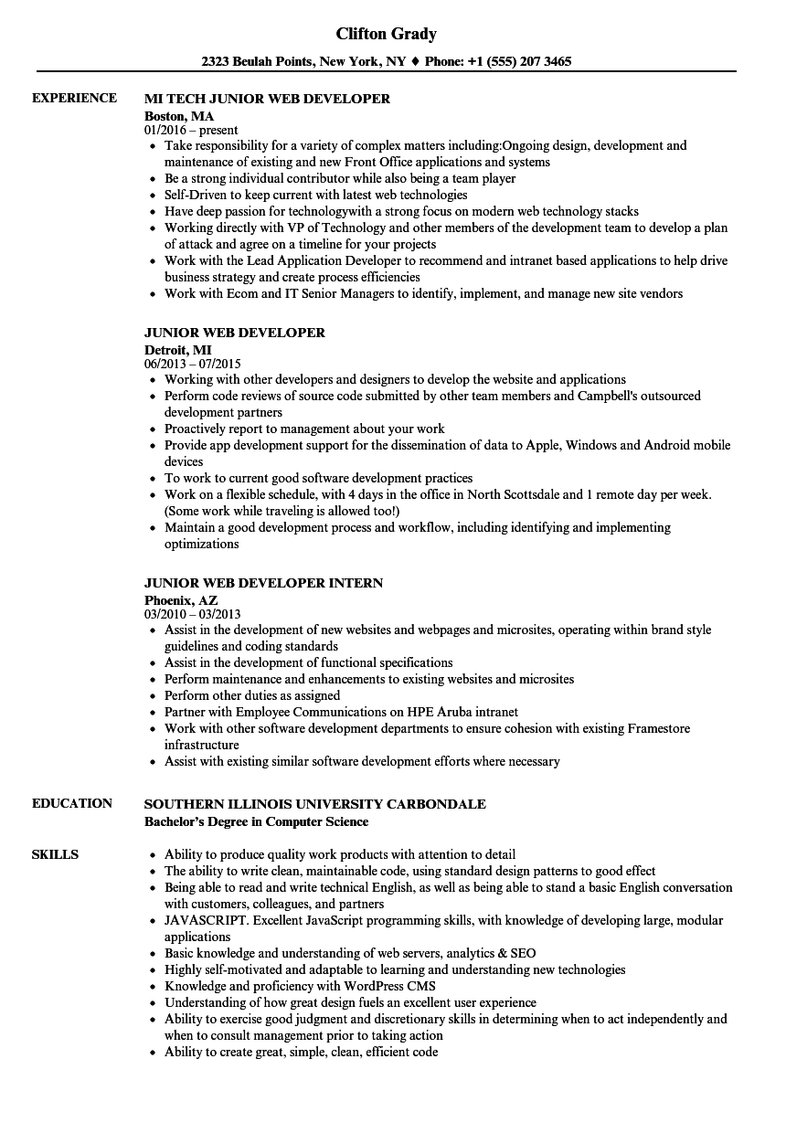 Junior Web Developer Resume Samples Velvet Jobs