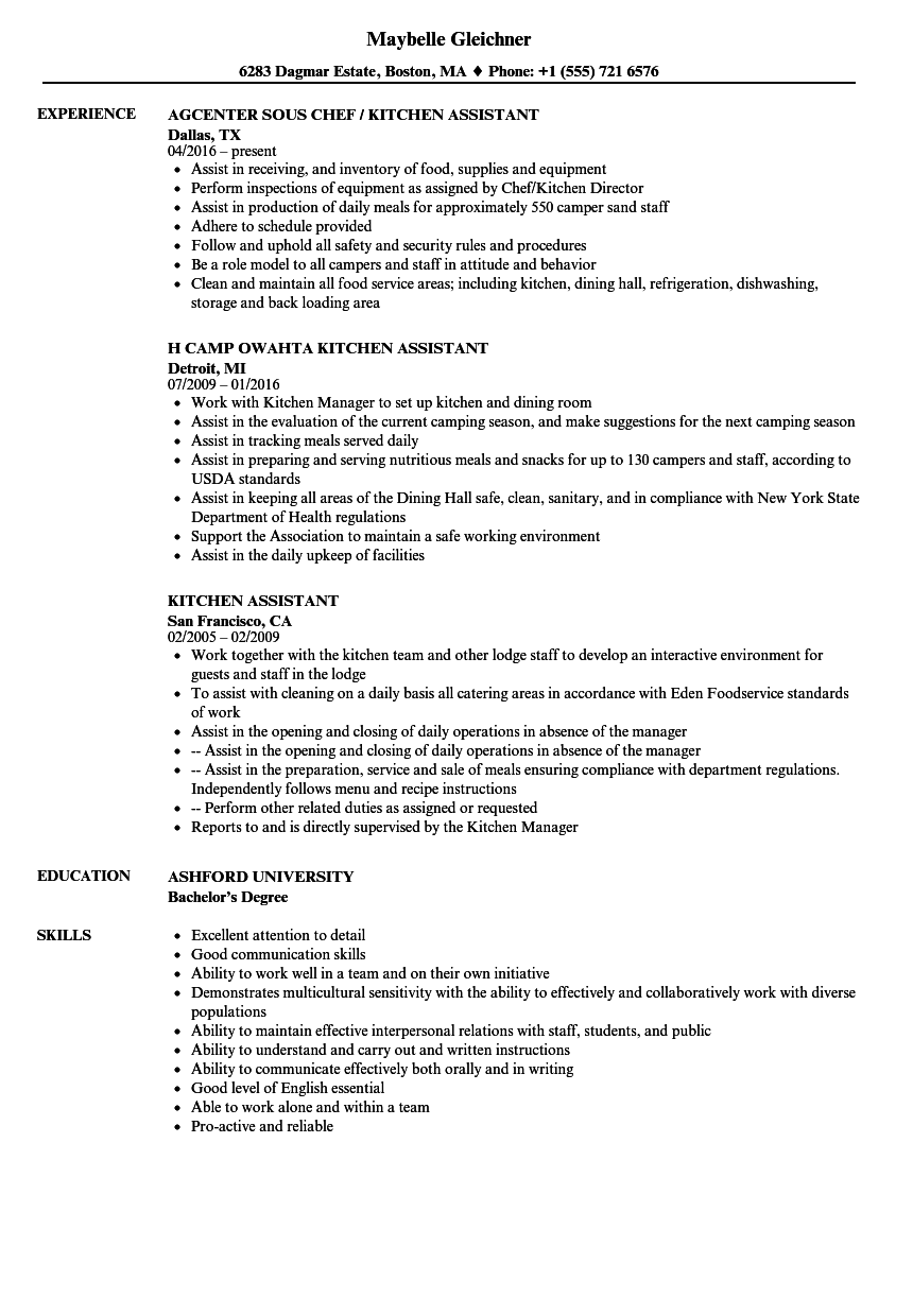 assistant kitchen manager skills resume