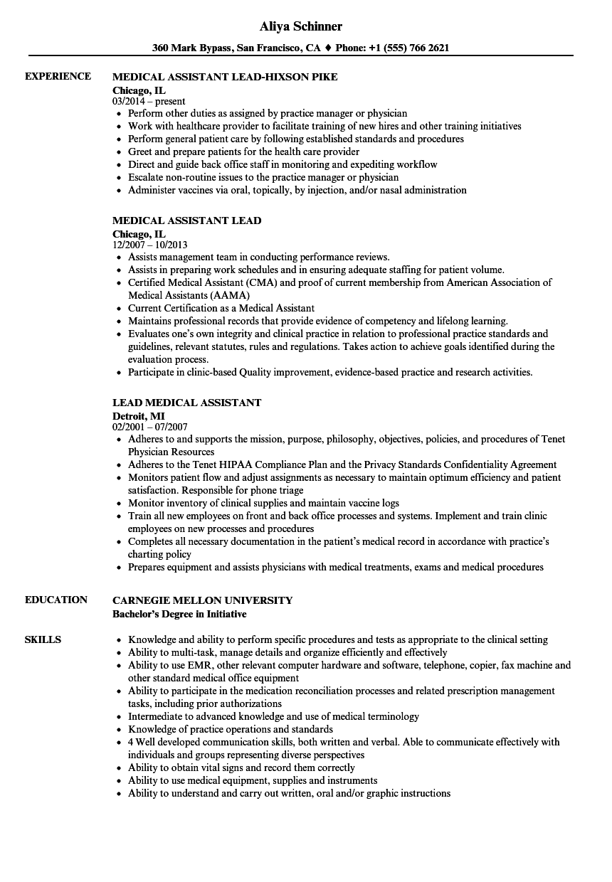 Lead Medical Assistant Resume Samples | Velvet Jobs