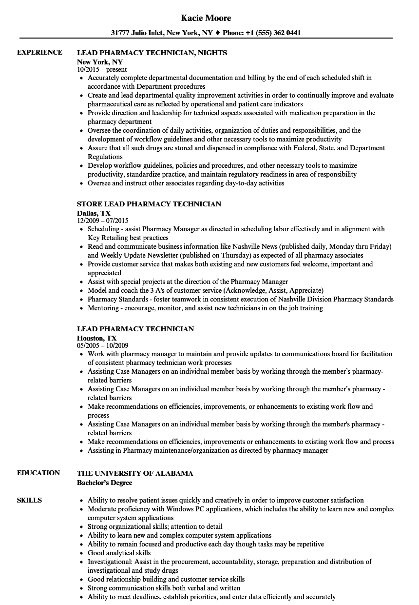 Lead Pharmacy Technician Resume Samples | Velvet Jobs