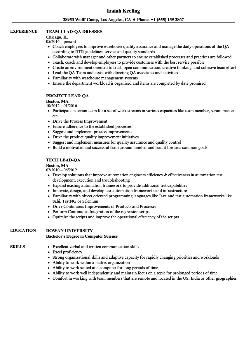 Lead QA Resume Samples | Velvet Jobs