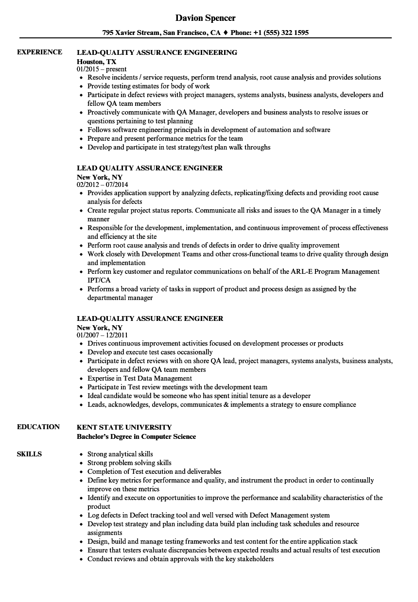 Lead, Quality Assurance Resume Samples | Velvet Jobs