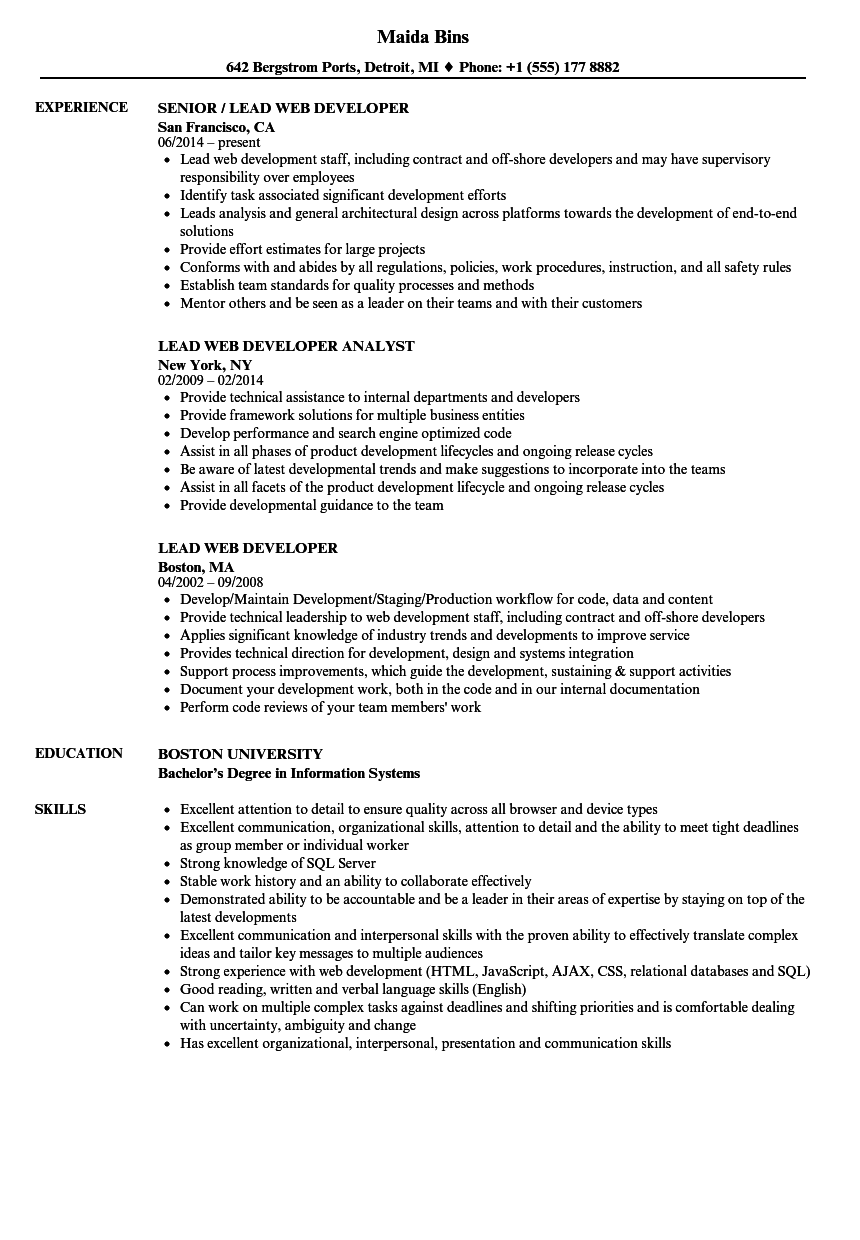 Lead Web Developer Resume Samples | Velvet Jobs