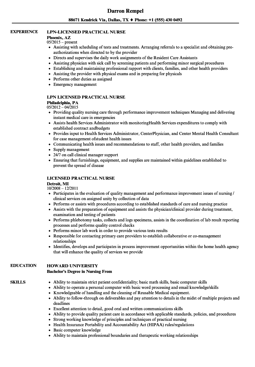 licensed practical nurse resume summary examples