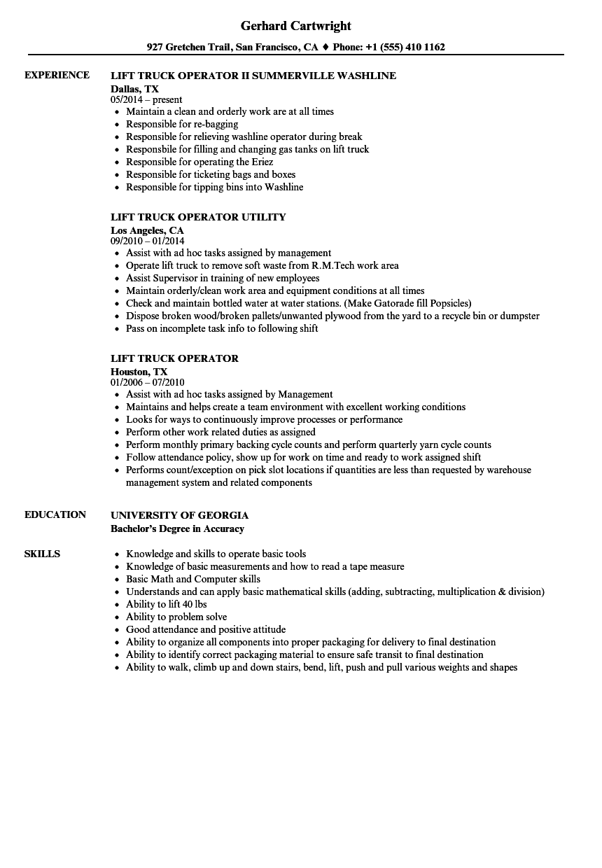 Lift Truck Operator Resume Samples Velvet Jobs