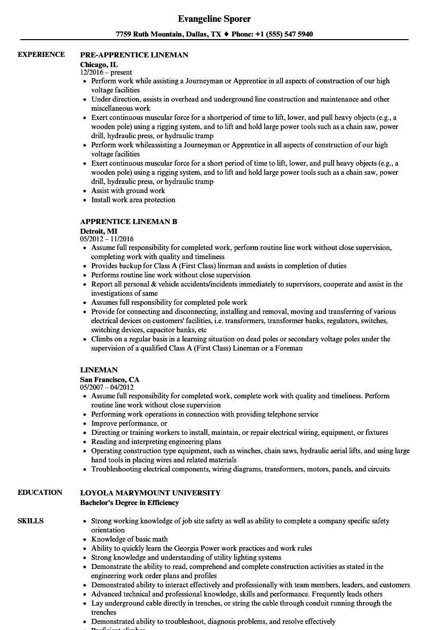 example resume objective for lineman