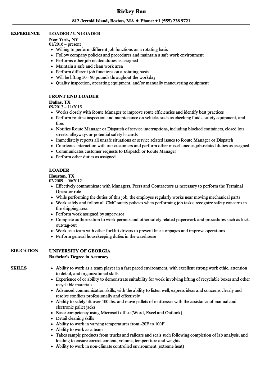 Loader Resume Samples Velvet Jobs