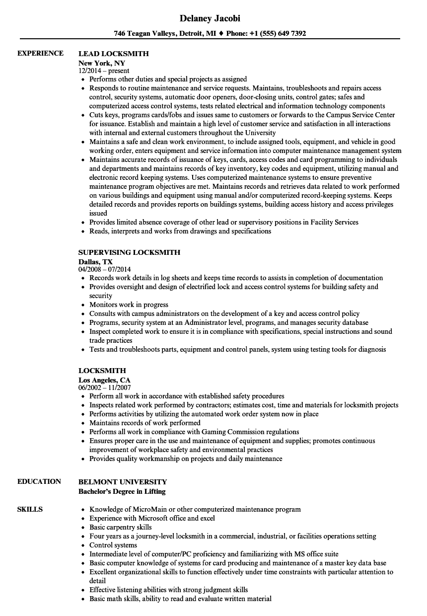 locksmith job resume