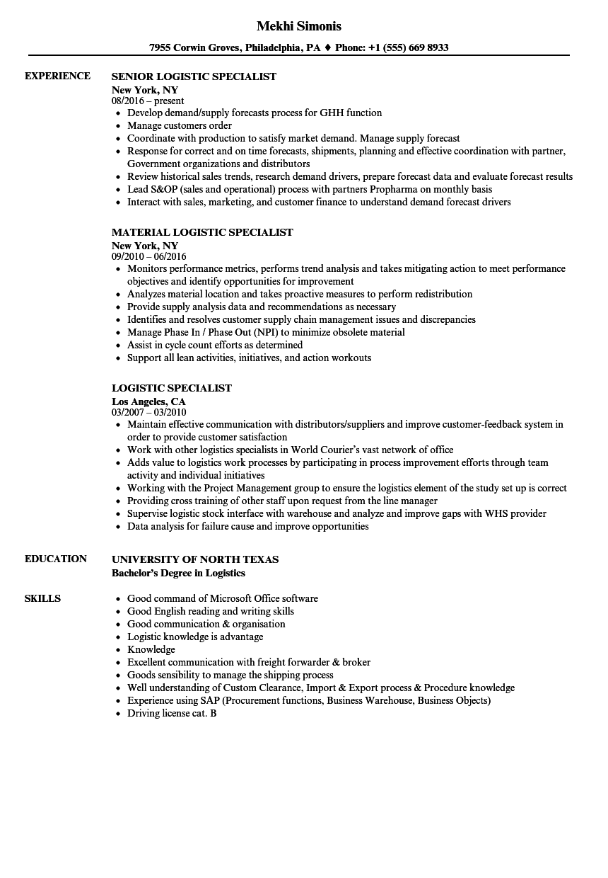 Logistic Specialist Resume Samples | Velvet Jobs