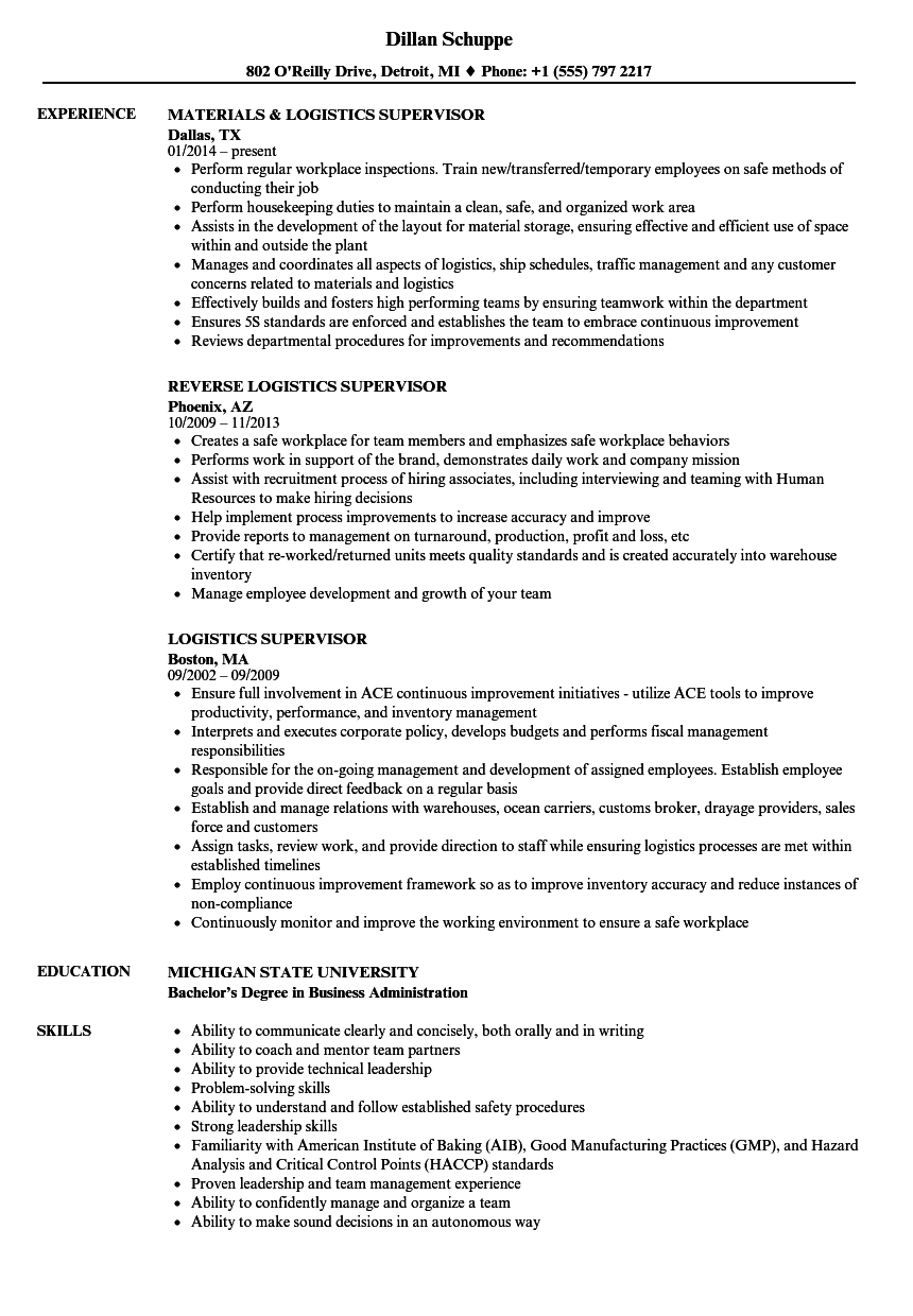 Logistics Supervisor Resume Samples | Velvet Jobs