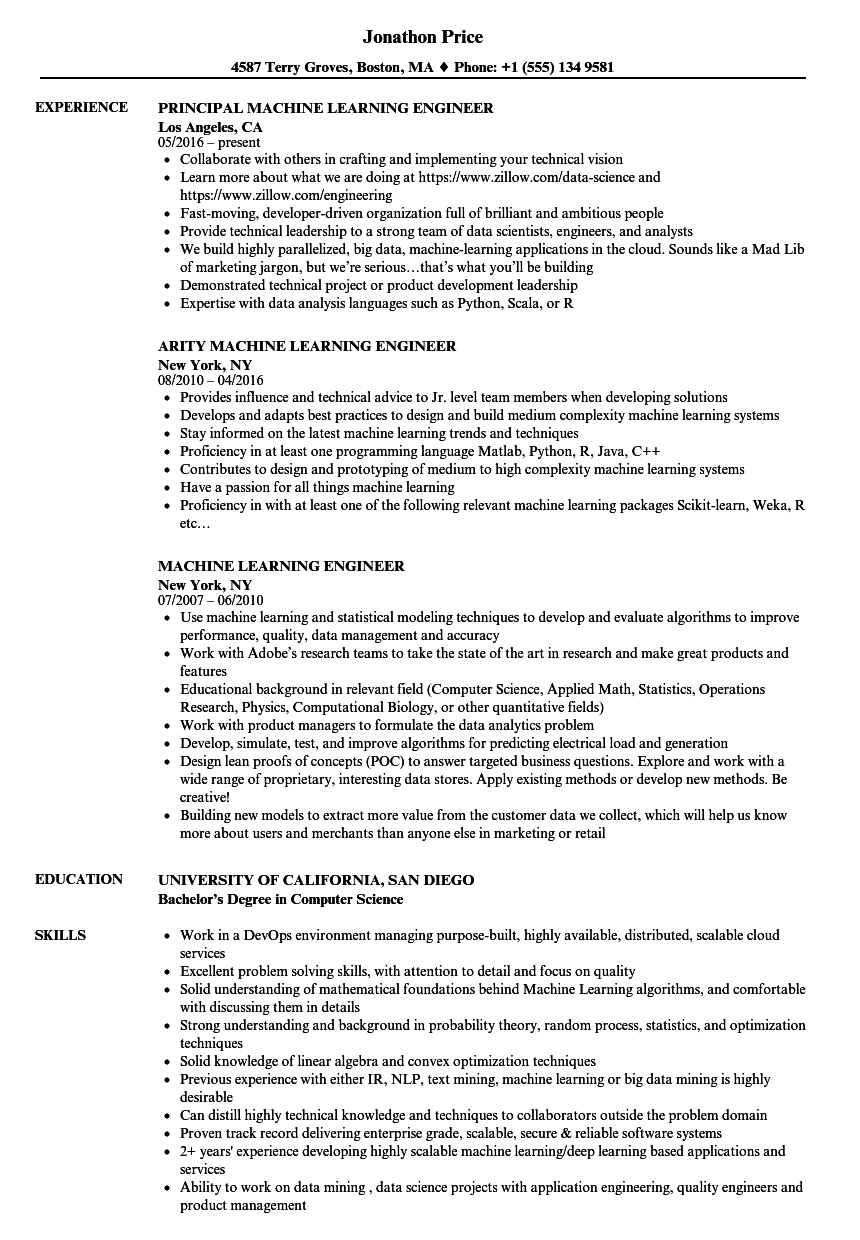 Machine Learning Engineer Resume Samples Velvet Jobs