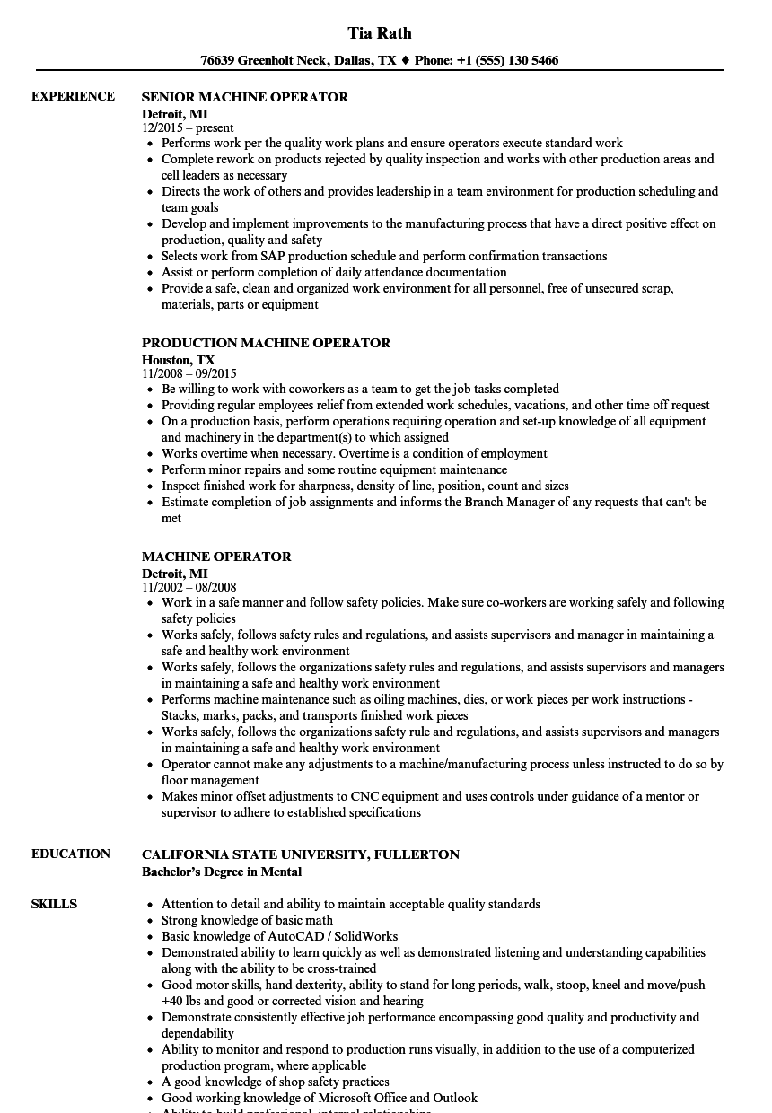 Machine Operator Resume Samples Velvet Jobs
