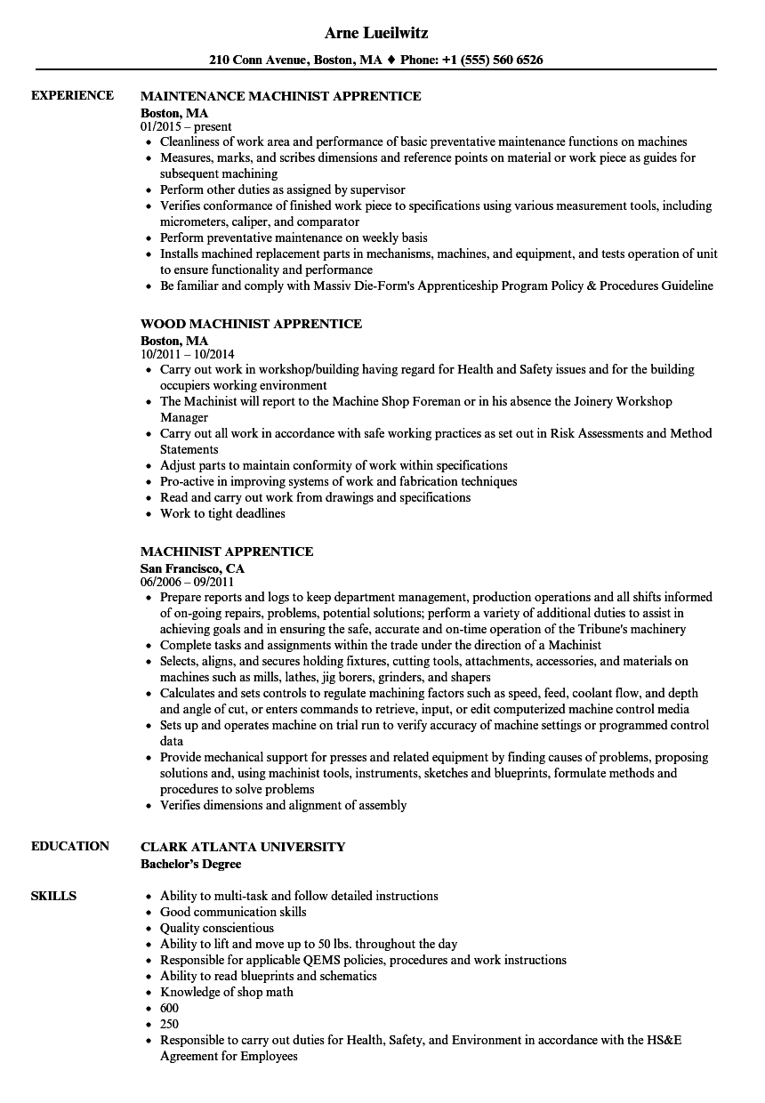 Machinist Apprentice Resume Samples | Velvet Jobs