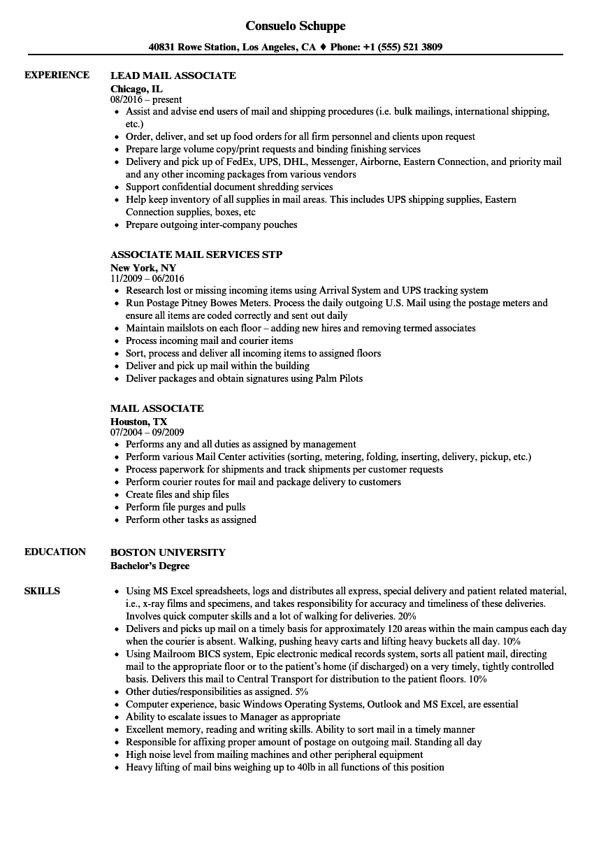 Mail Associate Resume Samples Velvet Jobs