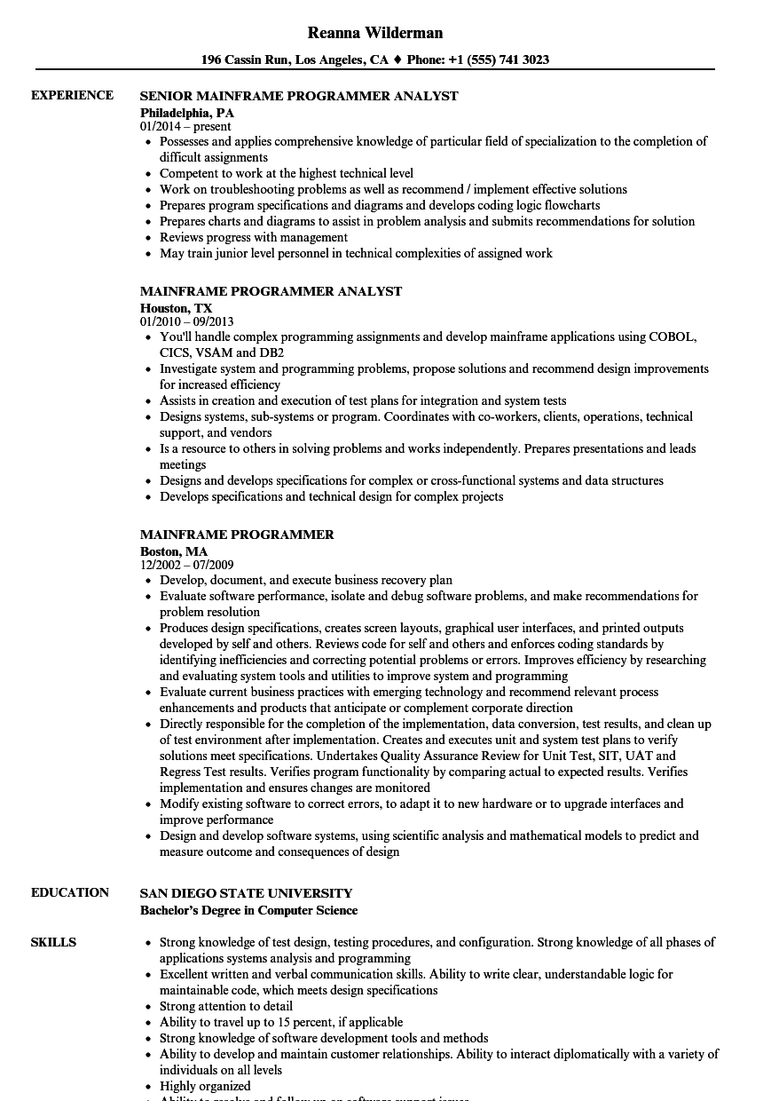 Mainframe Programmer Resume Samples  Velvet Jobs