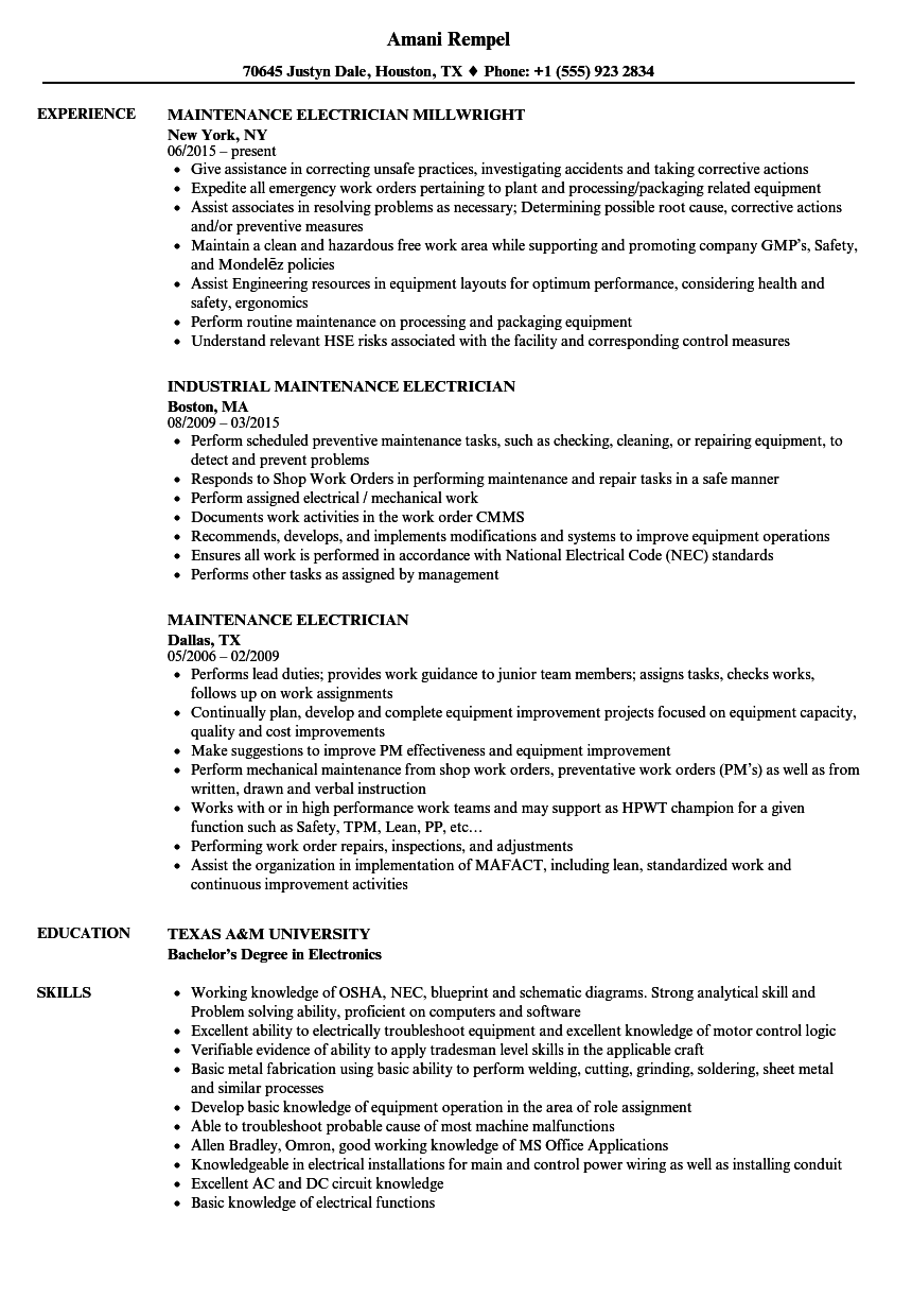  Maintenance Electrician Resume Samples Velvet Jobs