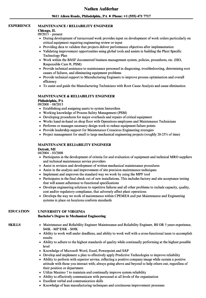 resume for maintenance reliability engineer