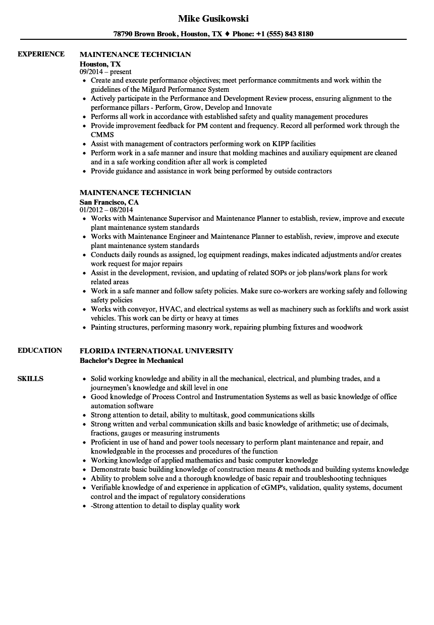 Maintenance Technician Resume Samples Velvet Jobs