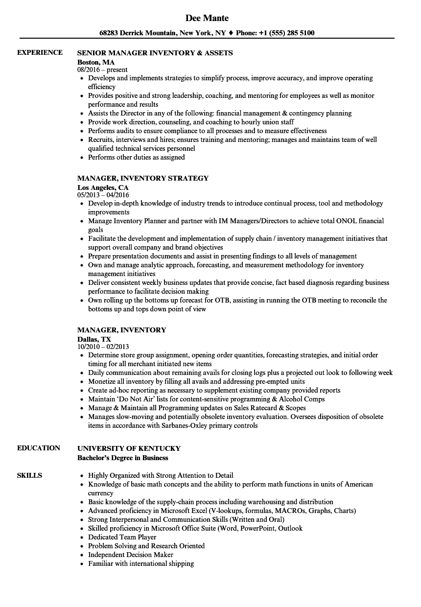 Manager Inventory Resume Samples Velvet Jobs