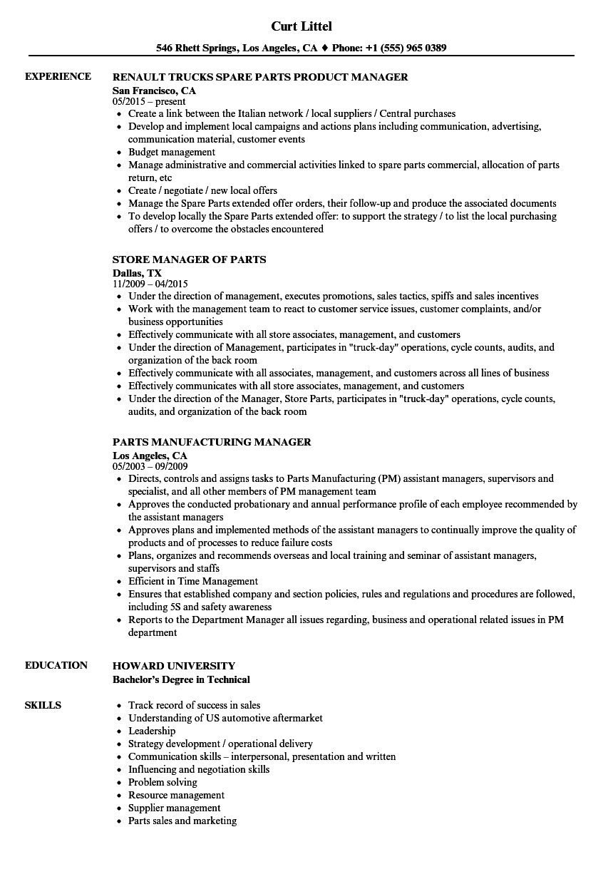 Auto parts manager resume examples