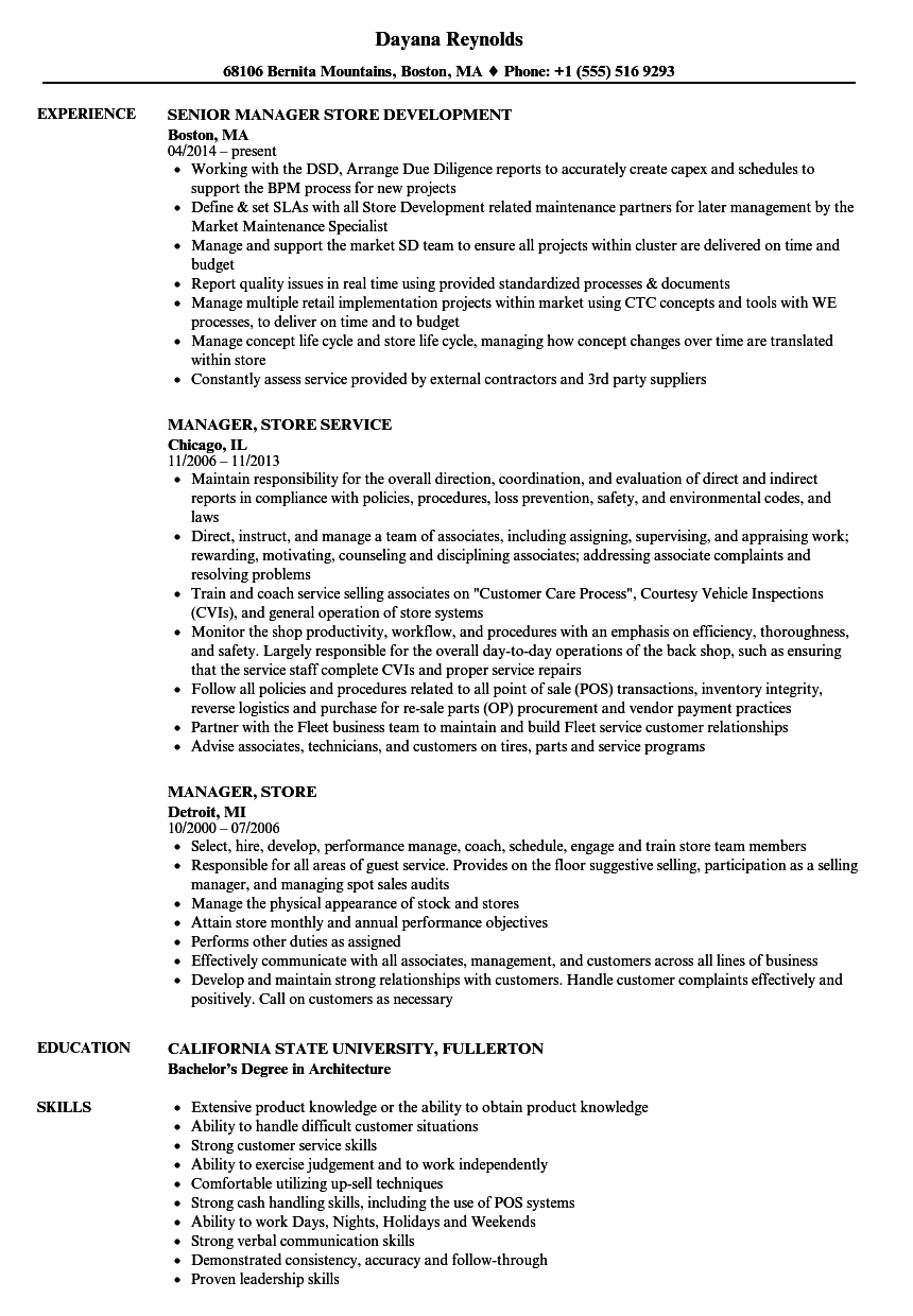 Manager, Store Resume Samples | Velvet Jobs