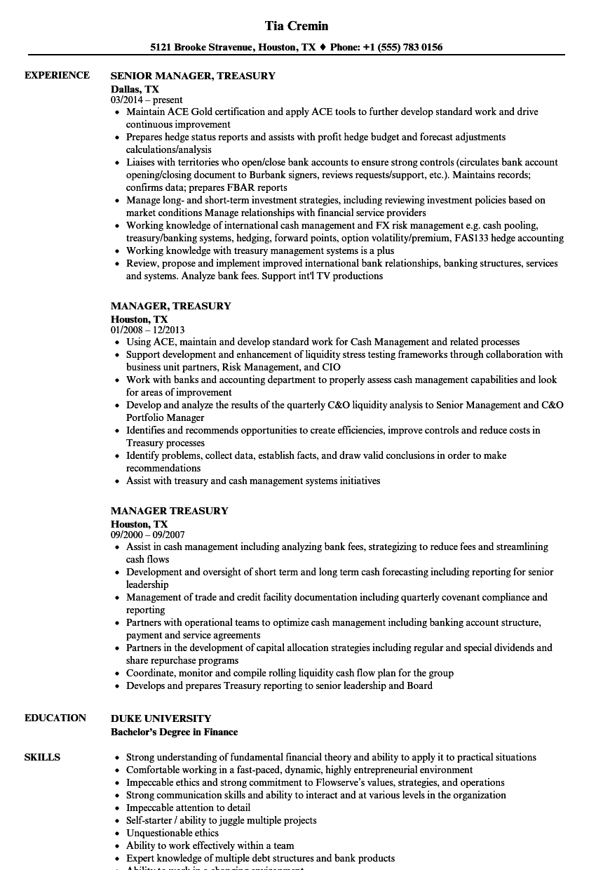 sample resume treasury manager