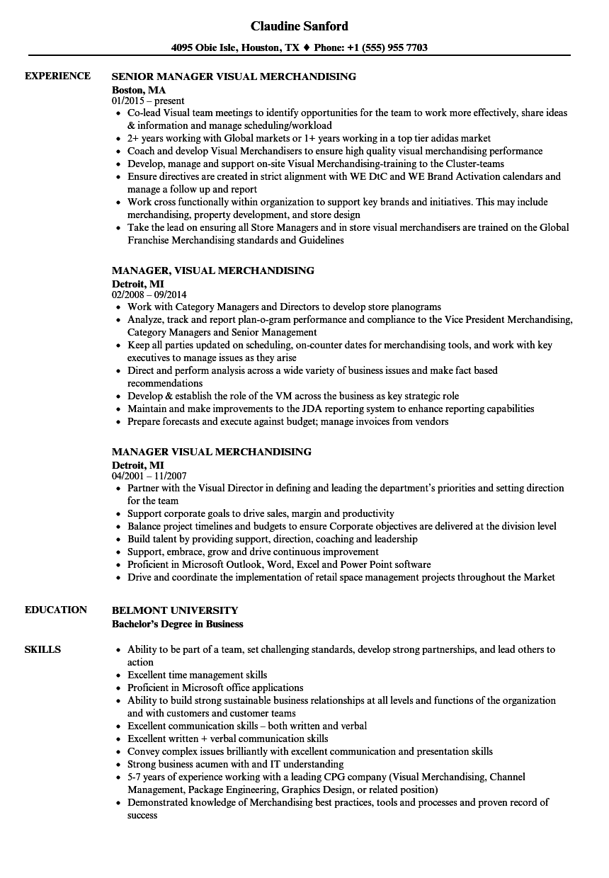 Manager Visual Merchandising Resume Samples Velvet Jobs