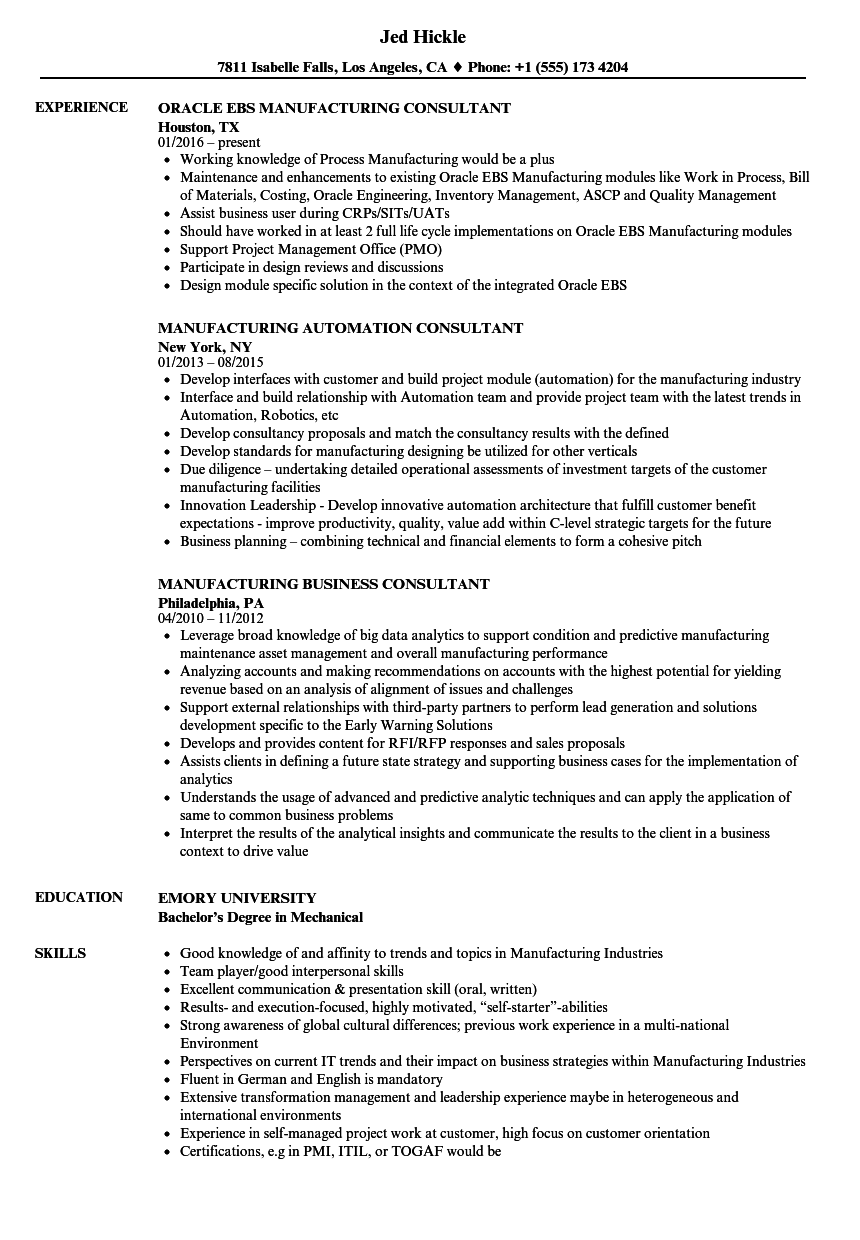 Manufacturing Consultant Resume Samples | Velvet Jobs