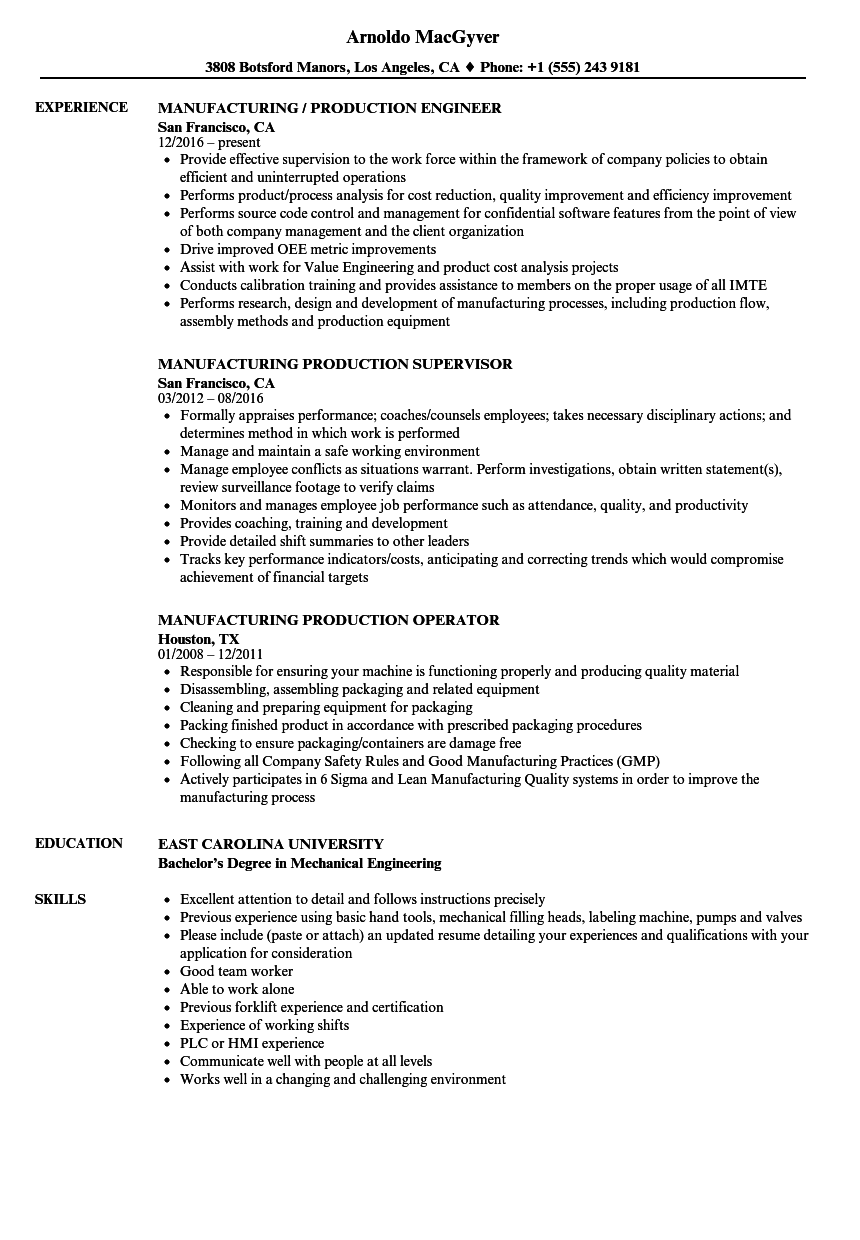 resume samples for manufacturing production