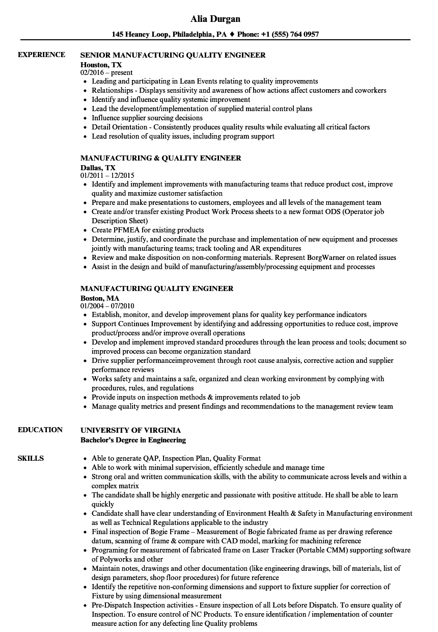 Manufacturing Quality Engineer Resume Samples  Velvet Jobs