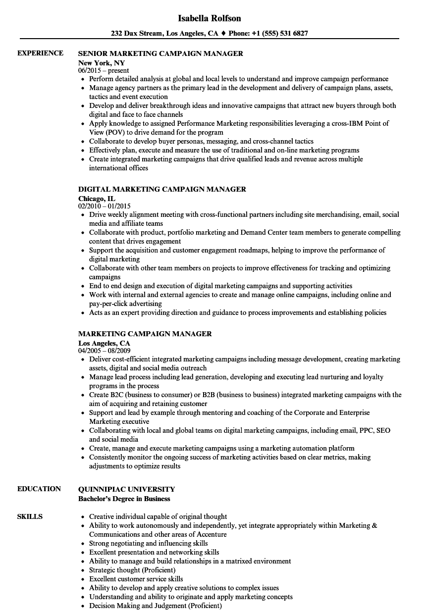 Marketing Campaign Manager Resume Samples  Velvet Jobs