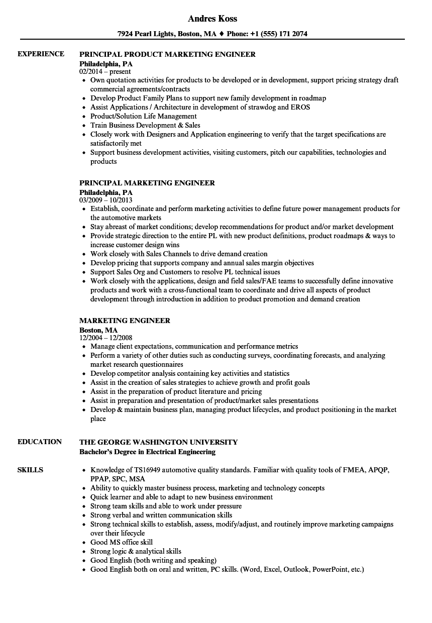 Marketing Engineer Resume Samples Velvet Jobs