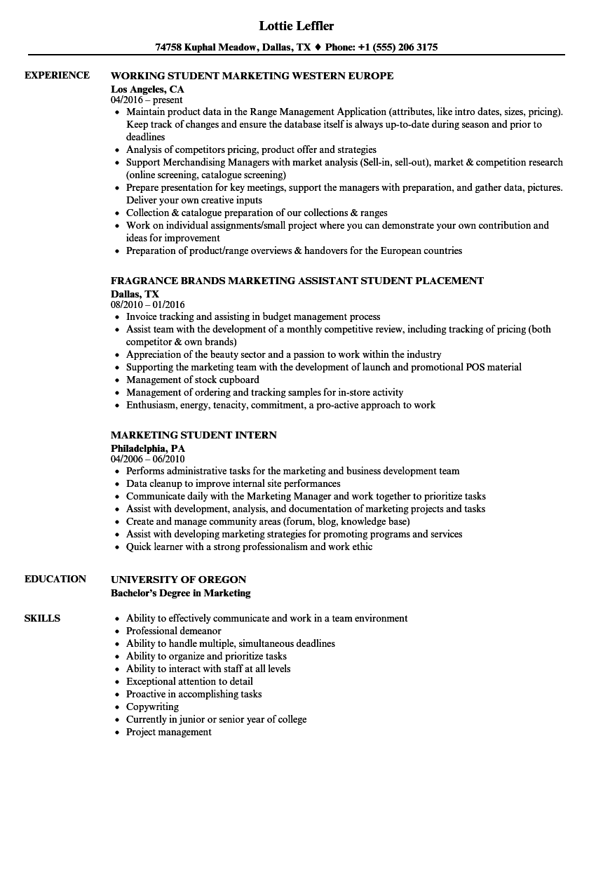 Marketing Student Resume Samples | Velvet Jobs