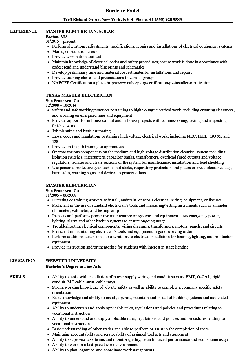 sample resume for master electrician