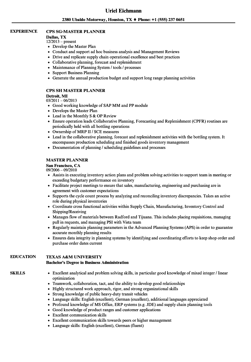 Master Planner Resume Samples Velvet Jobs