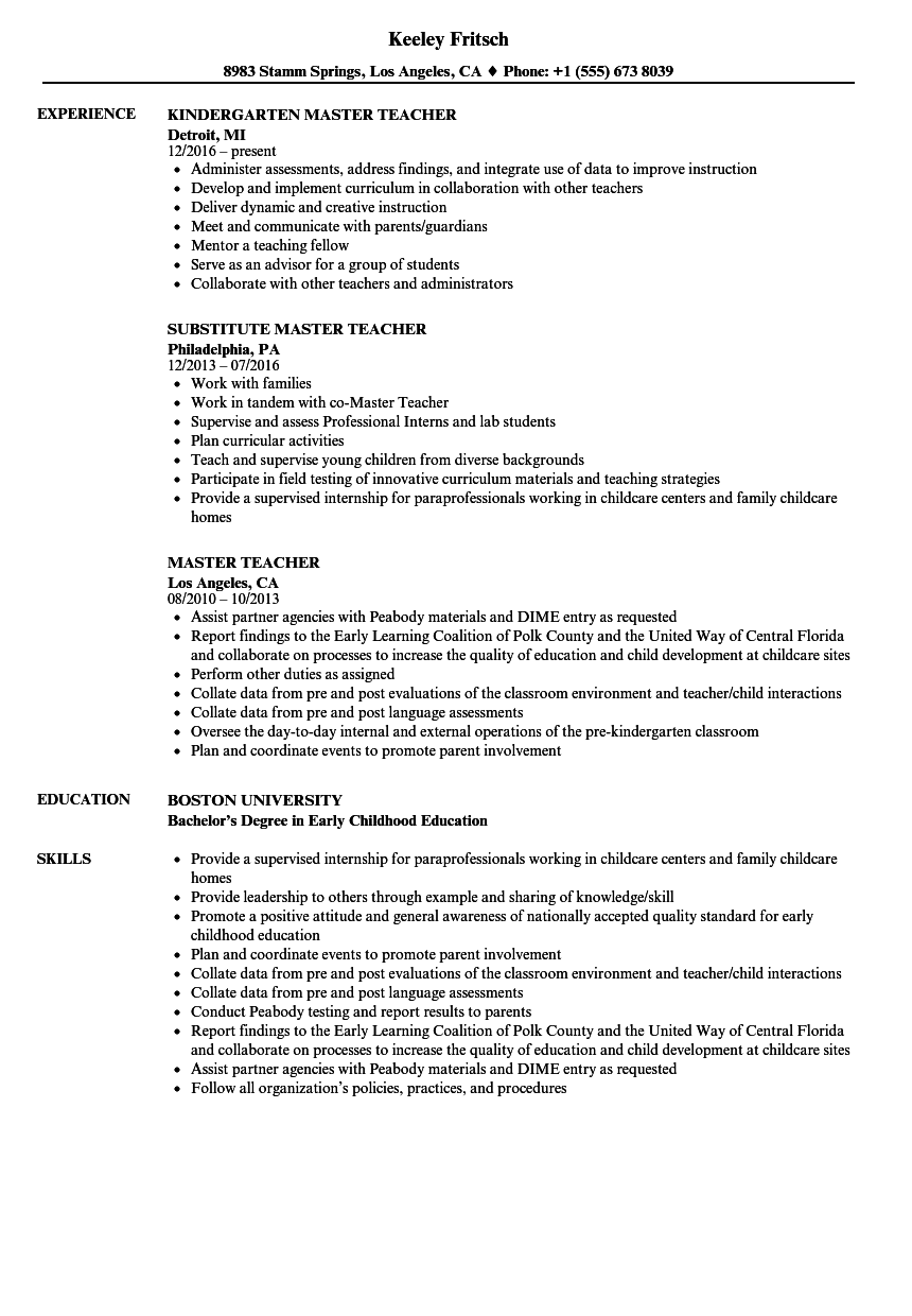 Master Teacher Resume Samples  Velvet Jobs