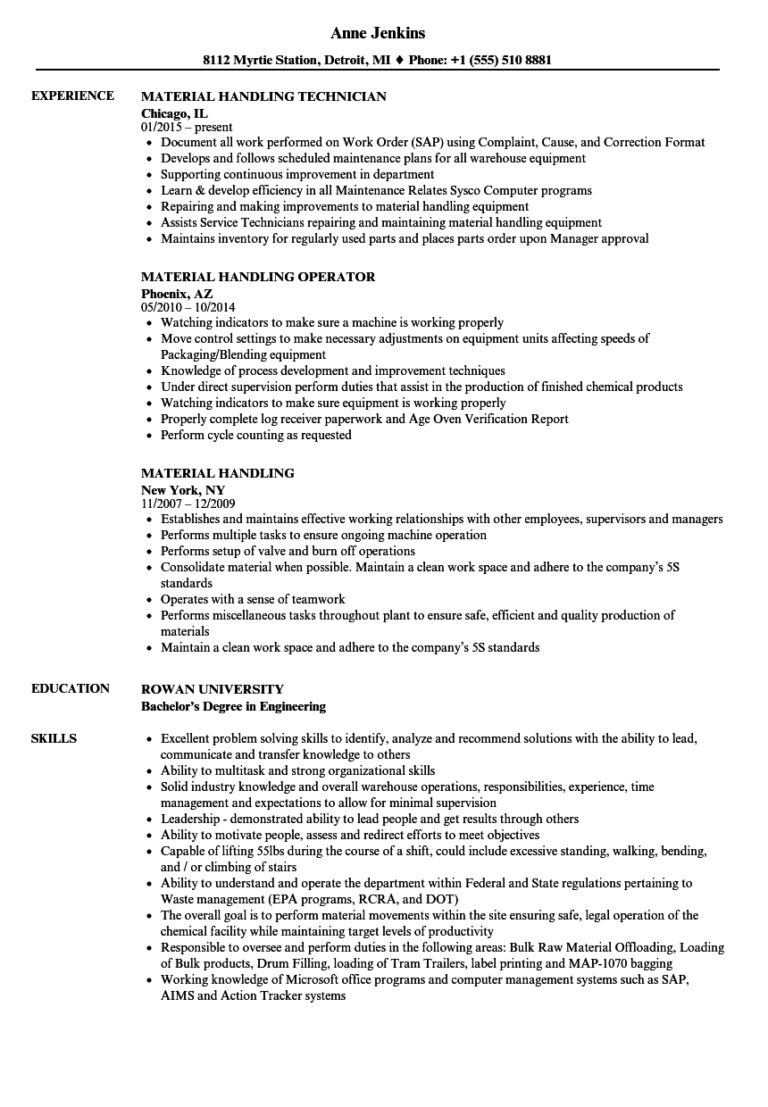 Material Handling Resume Samples