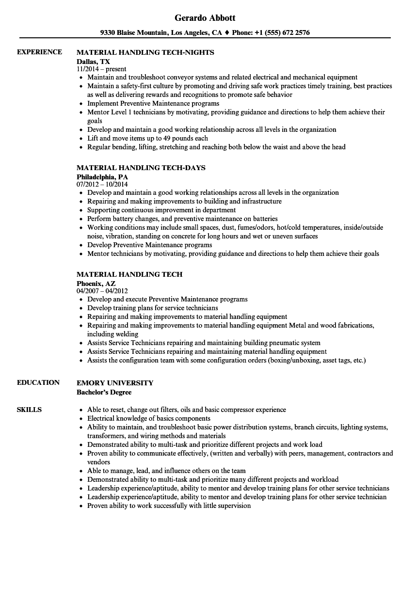 Material Handling Tech Resume Samples