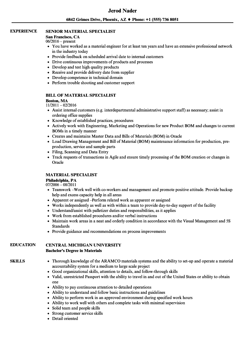 Material Specialist Resume Samples Velvet Jobs